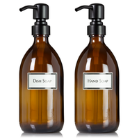 2 Amber Glass 16 oz Apothecary Soap Dispenser Pump Bottles with Ceramic Printed Labels