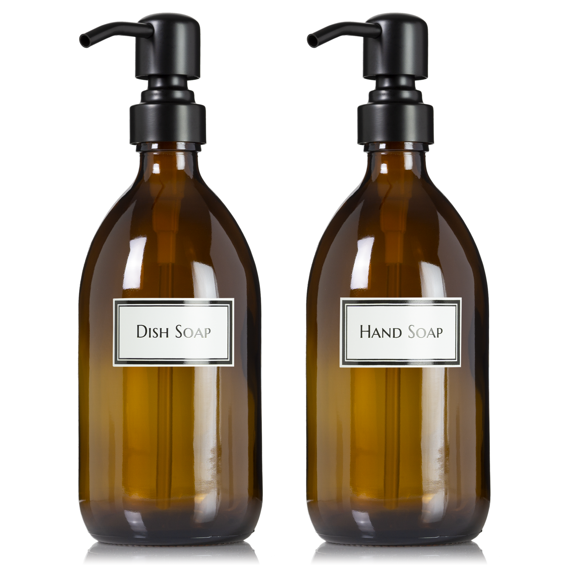 2 Amber Glass 16 oz Apothecary Soap Dispenser Pump Bottles with Ceramic Printed Labels