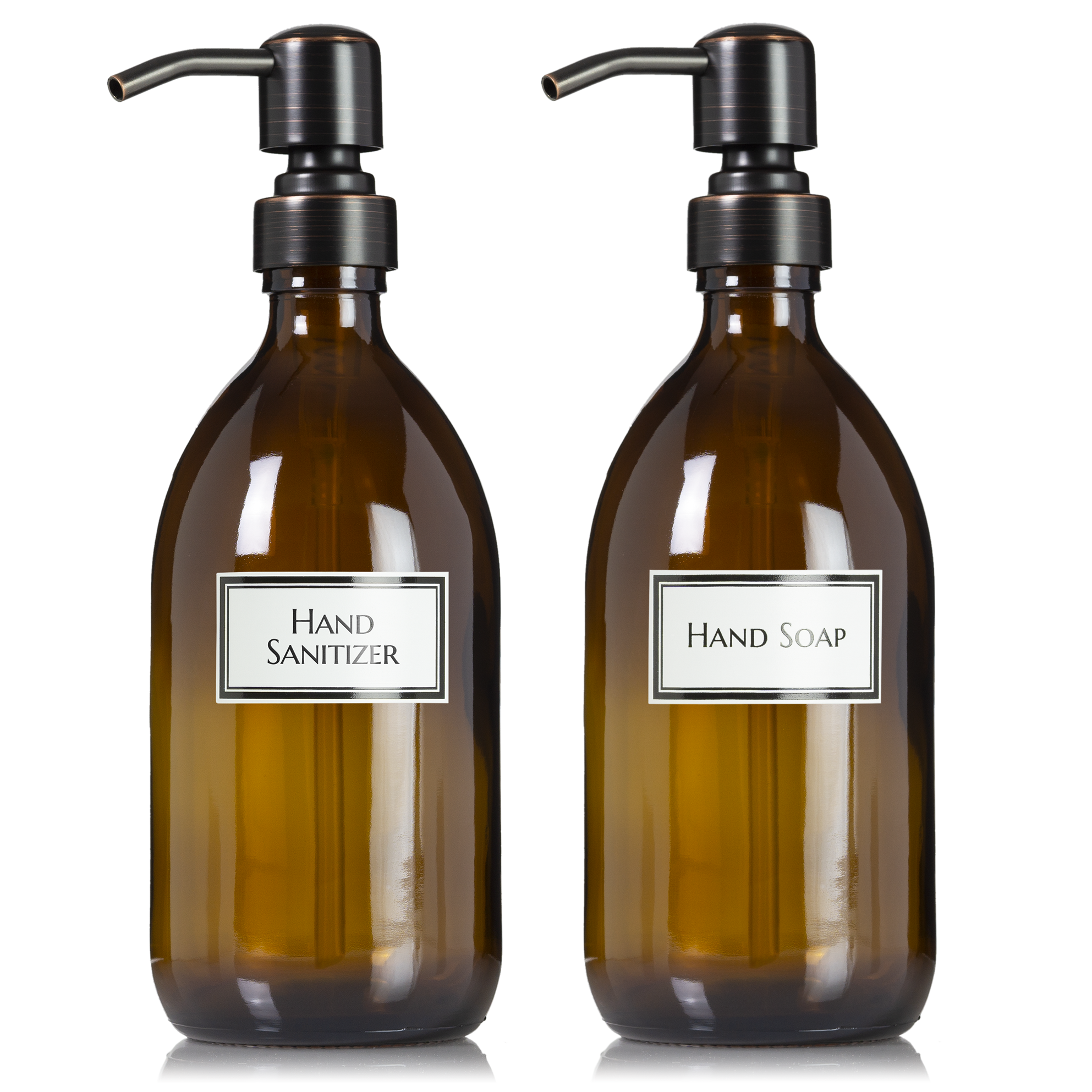 2 Amber Glass 16 oz Apothecary Soap Dispenser Pump Bottles with Ceramic Printed Labels