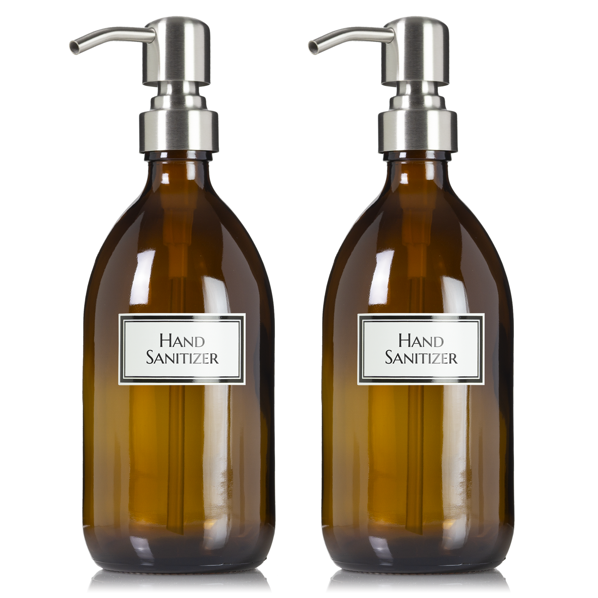2 Amber Glass 16 oz Apothecary Soap Dispenser Pump Bottles with Ceramic Printed Labels