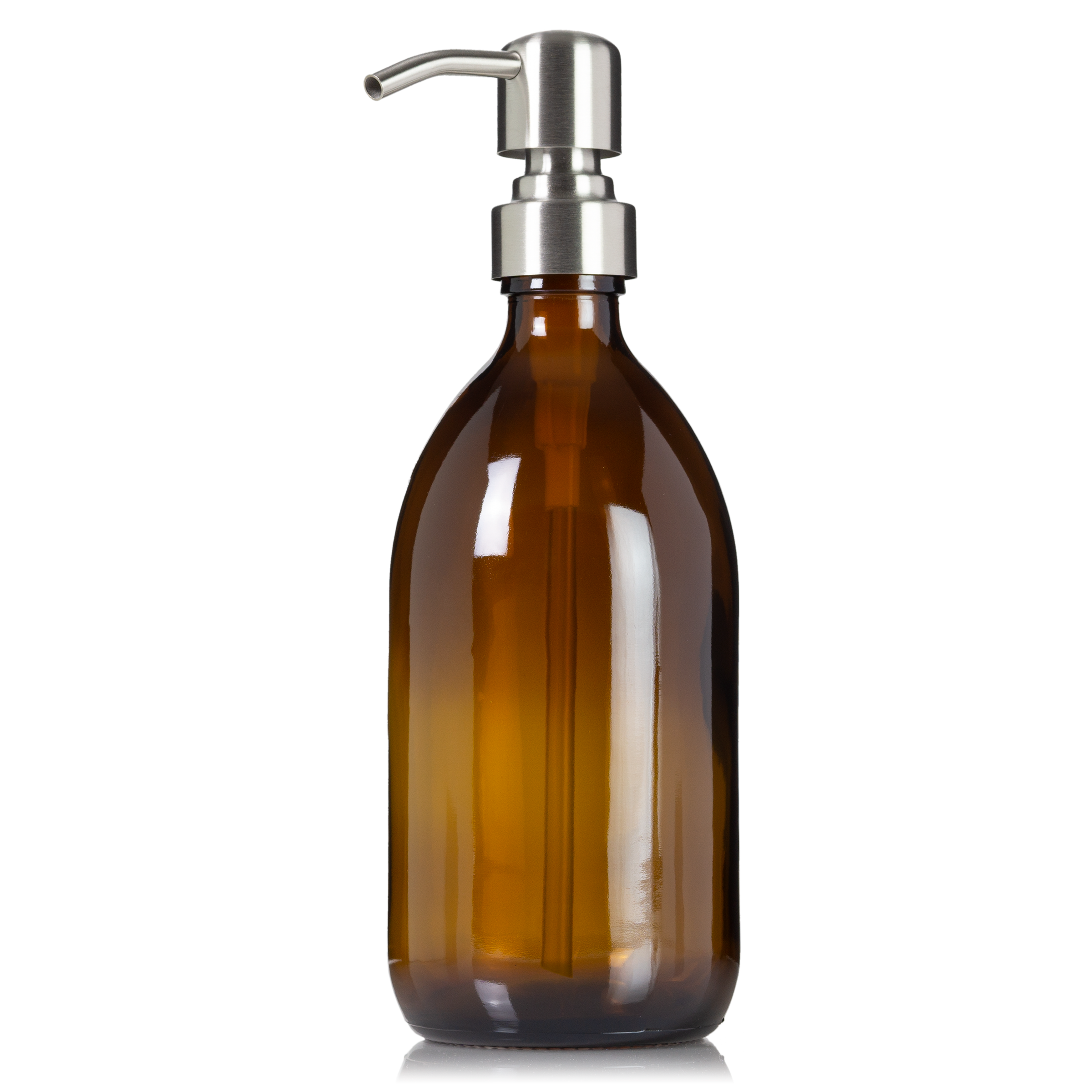 Amber 16 oz glass apothecary bottle with 304 grade stainless steel pump.