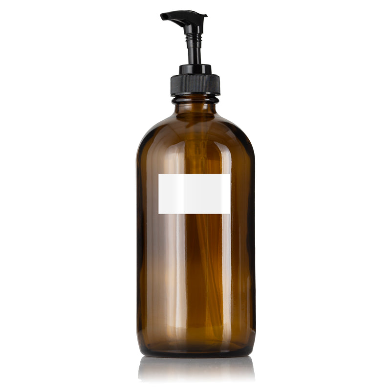 Amber Glass Pump Dispenser with 1" B/W Customized Label (16 oz)