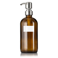 Amber Glass Pump Dispenser with 1" B/W Customized Label (16 oz)