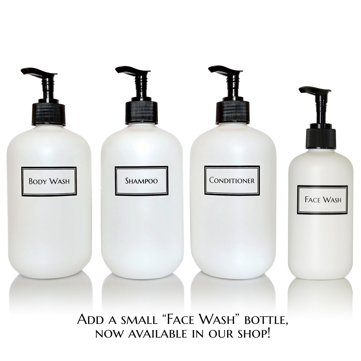Silkscreened Squat Boston Round White Single Shower Bottle