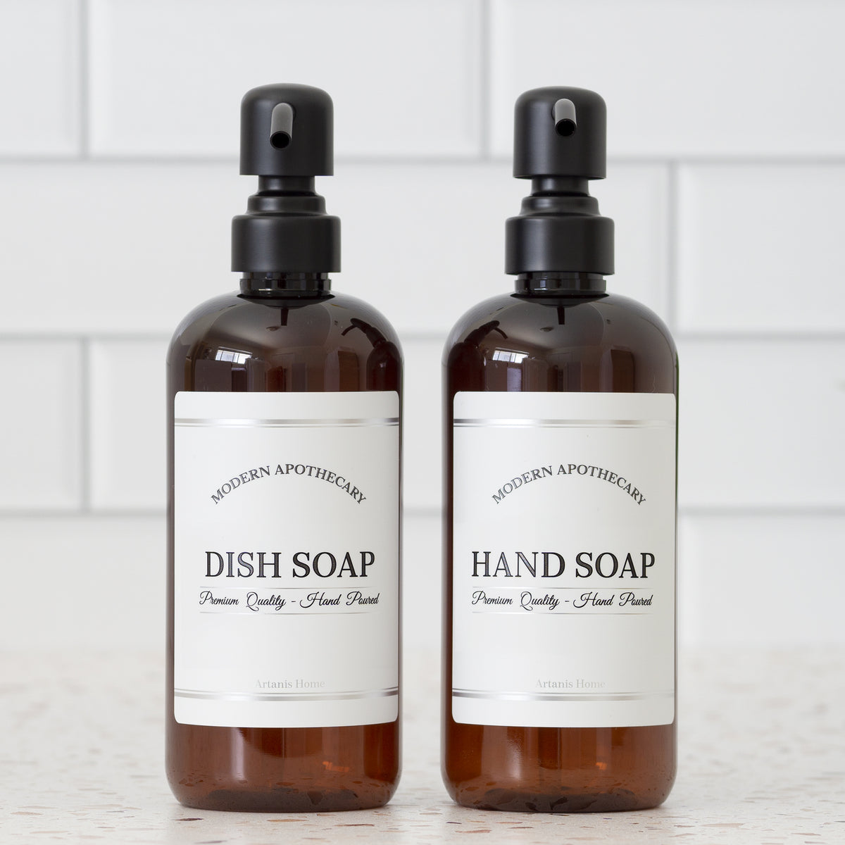 Amber "Modern Apothecary" Hand Soap, Dish Soap PET Plastic Bottle Duo